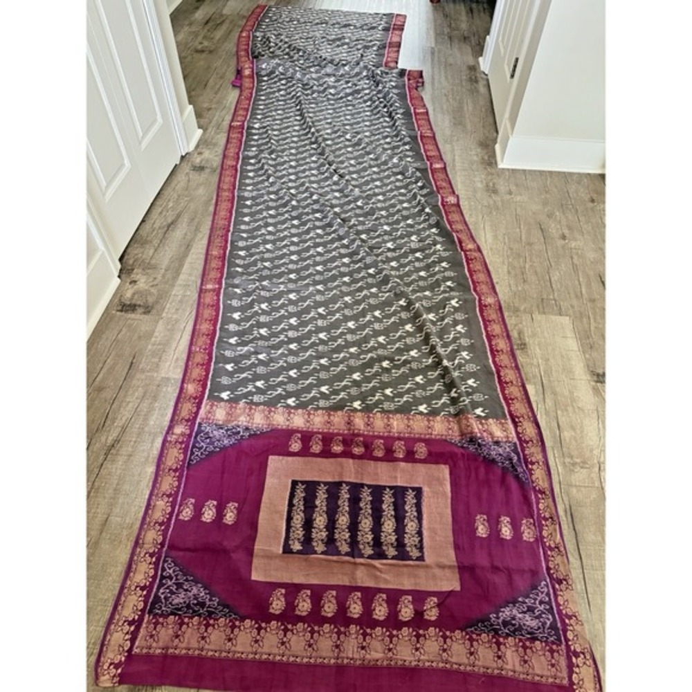 Indian WOMENS PRE-OWNED VINTAGE Gray/PURPLE TUSSAR SILK SAREE SARI FABRIC/CRAFTS